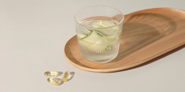 Glas mit Wasser und Omega-3-Kapseln