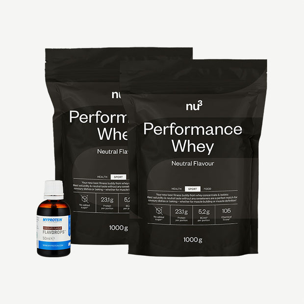 nu3 Performance Whey, Neutral + MyProtein FlavDrops, Schoko